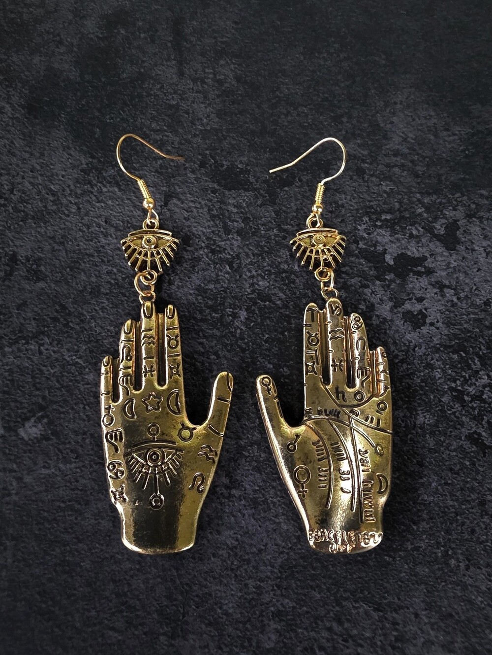 Hamsa Evil Eye Palmistry Hand Dangle Earrings Mystic Boho - Gold